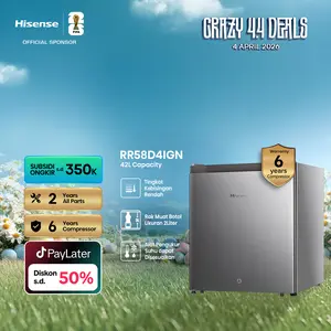 HISENSE-RR58D4IGN-Kulkas Mini-Kapasitas 42L Mini Bar-Tingkat Kebisingan Rendah- 2Liter Rak Muat Botol Ukuran-Alat Pengukur Suhu dapat Disesuaikan-Pendingin Terpisah-Pintu Reversibel-Space Friendly