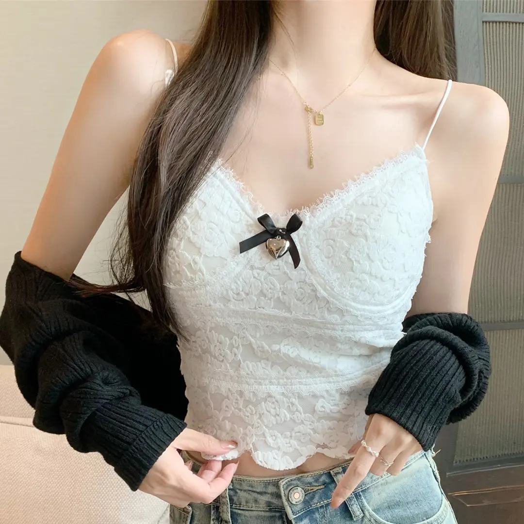 2024 Summer Women Sweet Lace Bow With Chest Pad Camis Korean Fashion Streetwear Camisole Sexy Crop Tops Casual Female Tank Top Corset Woman Vest Y2k Clothes