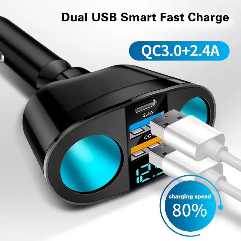 Adaptor mobil port 5-in-1 (USB+PD(TYPE-C)) layar LED konverter pengisi daya pengisian cepat cocok untuk ponsel Android dan Apple serta perangkat elektronik mobil