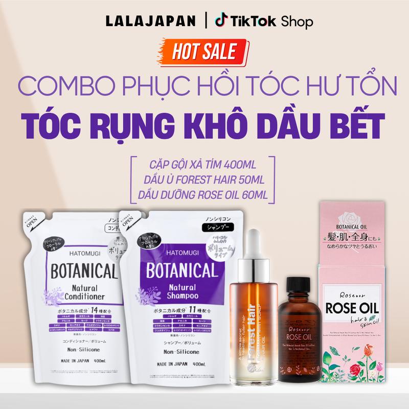   COMBO 4 MÓN  Dầu Gội và Dầu Xả Hatomugi Botanical Nhật Bản 400ml không chứa silicon Dầu ủ Forest Hair 50ml Dầu dưỡng Rose Oil 60ml 