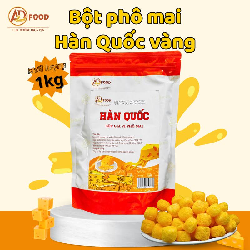 1kg Bột phô mai Hàn Quốc ADFOOD màu vàng - tông màu vàng nhạt dùng để lắc khoai tây chiên gà rán bắp rang bơ pha chế cùng nước sốt hoặc rắc trực tiếp lên món ăn đã chế biến....