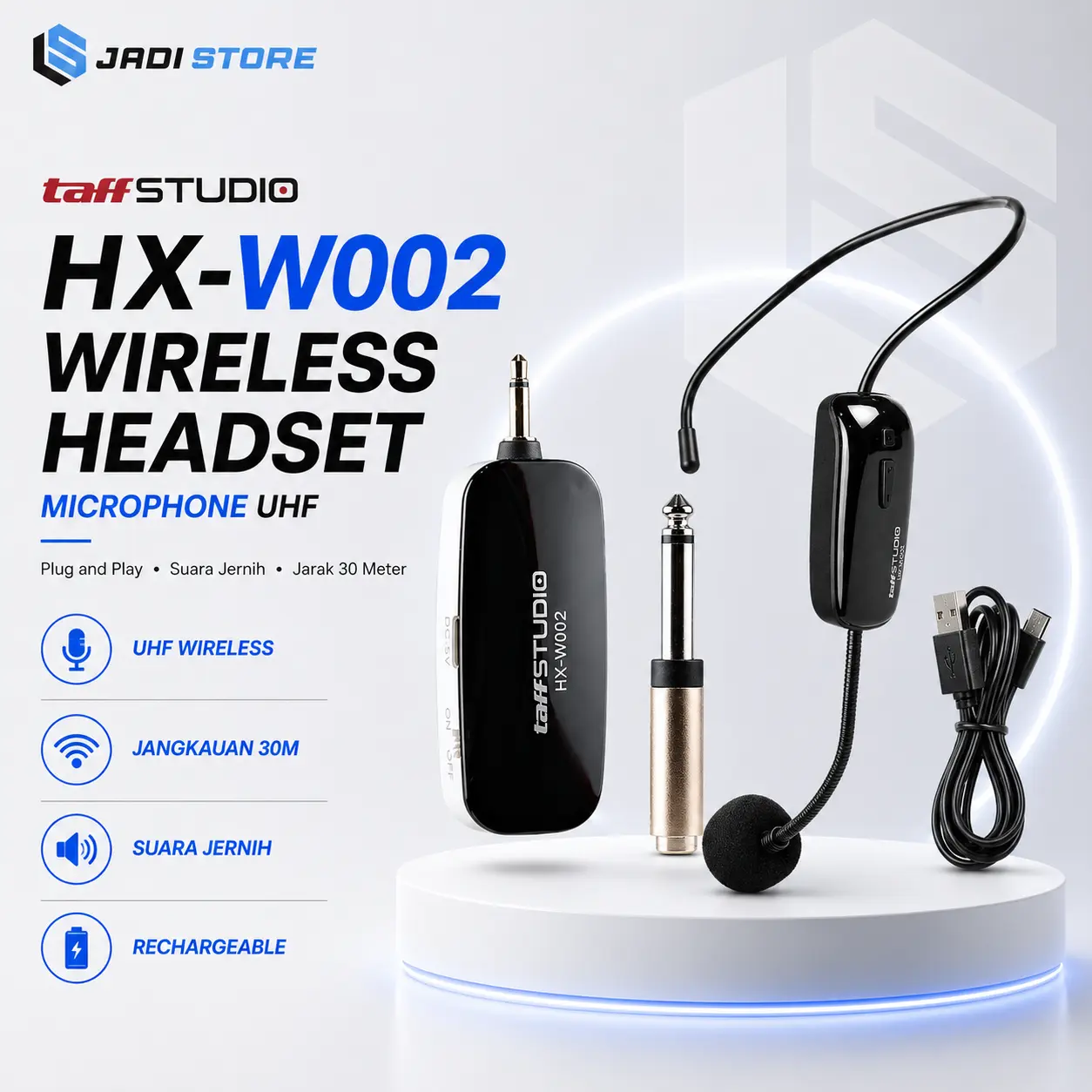 TaffSTUDIO Microphone Imam Masjid Tanpa Kabel Wireless UHF Call Center Mic with Transmitter Telinga Presentasi Ceramah Mikrofon Mic CS Live Streaming Podcast Karaoke Hitam Plastik Instruktur Senam Shalat Teraweh Tarawih Muazin Bluetooth HX-W002