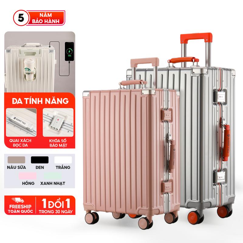 Vali SIZE 20/24 inch Sunny Raymond - vali khung nhôm nhựa PC khóa sập, móc treo đồ, ngăn đựng cốc, cổng sạc USB tiện ích