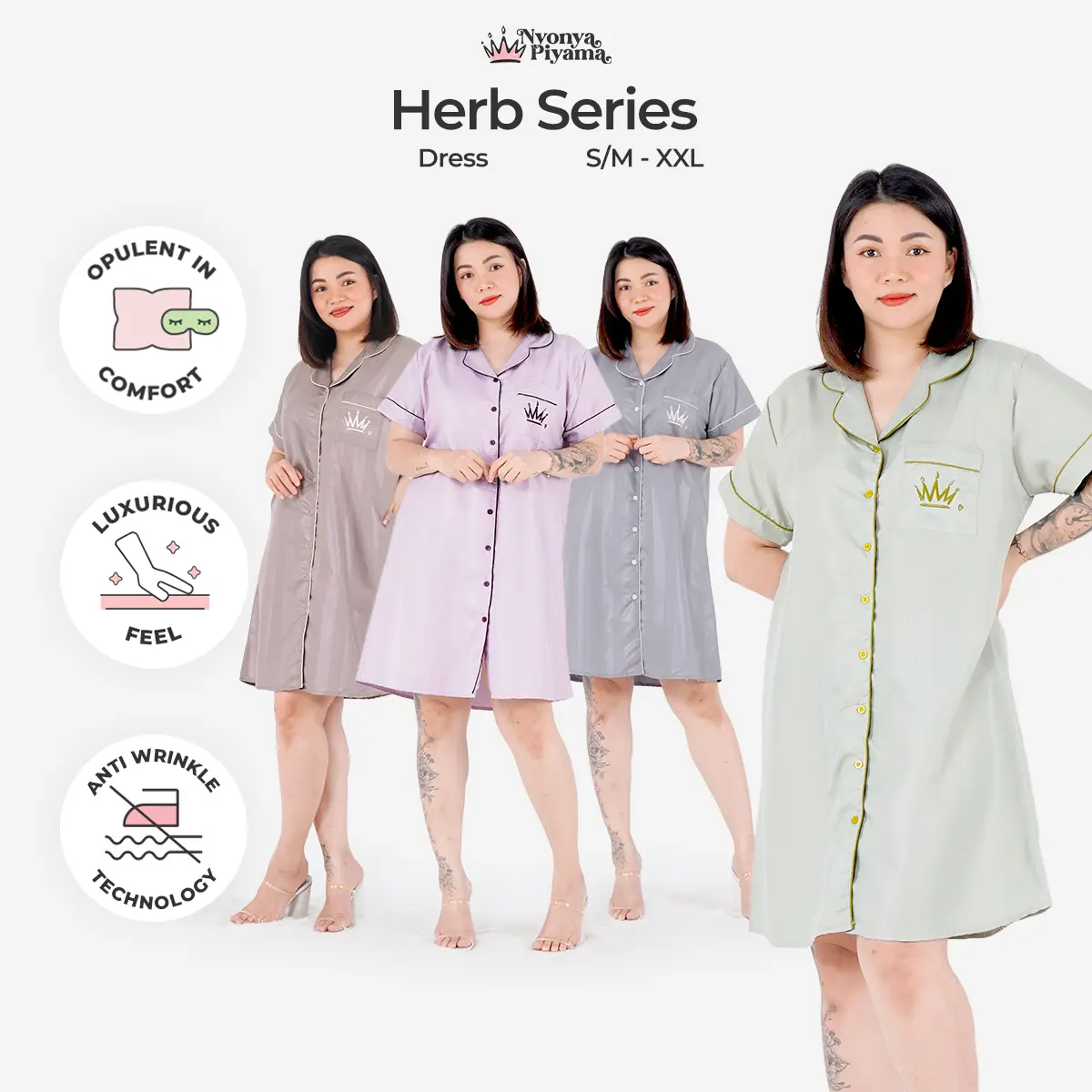 [BEST SELLER] Nyonya Piyama Poly Bamboo Dress / Daster (Polos Herb Series) Dress Nyaman Wanita  Tidur  Bumil  Santai Daster Dewasa Pendek Kancing Busui