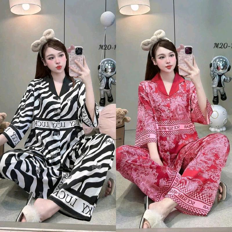 Đồ Bộ Fom Rộng , Tay Lỡ ,Latin (Lụa Mịn)Có Size 45-65kg Có nhiều Màu ,Cho Nữ Mặc Bốn Mùa ,ShopThuyPijama Nữ Women Nhung Voi Áo Quần Ngủ Nho Sen Hoa Sen Áo Ngủ Tim