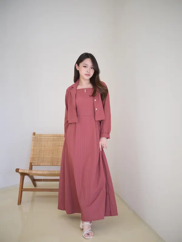 Nara Long Dress One Set Blazer / Casual Dress Wanita Pinggang Karet / Gamis Dress Blazer 3