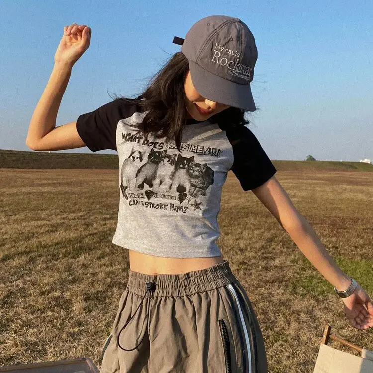Y2K print T-shirt women's fashionable cropped short-sleeved crop top