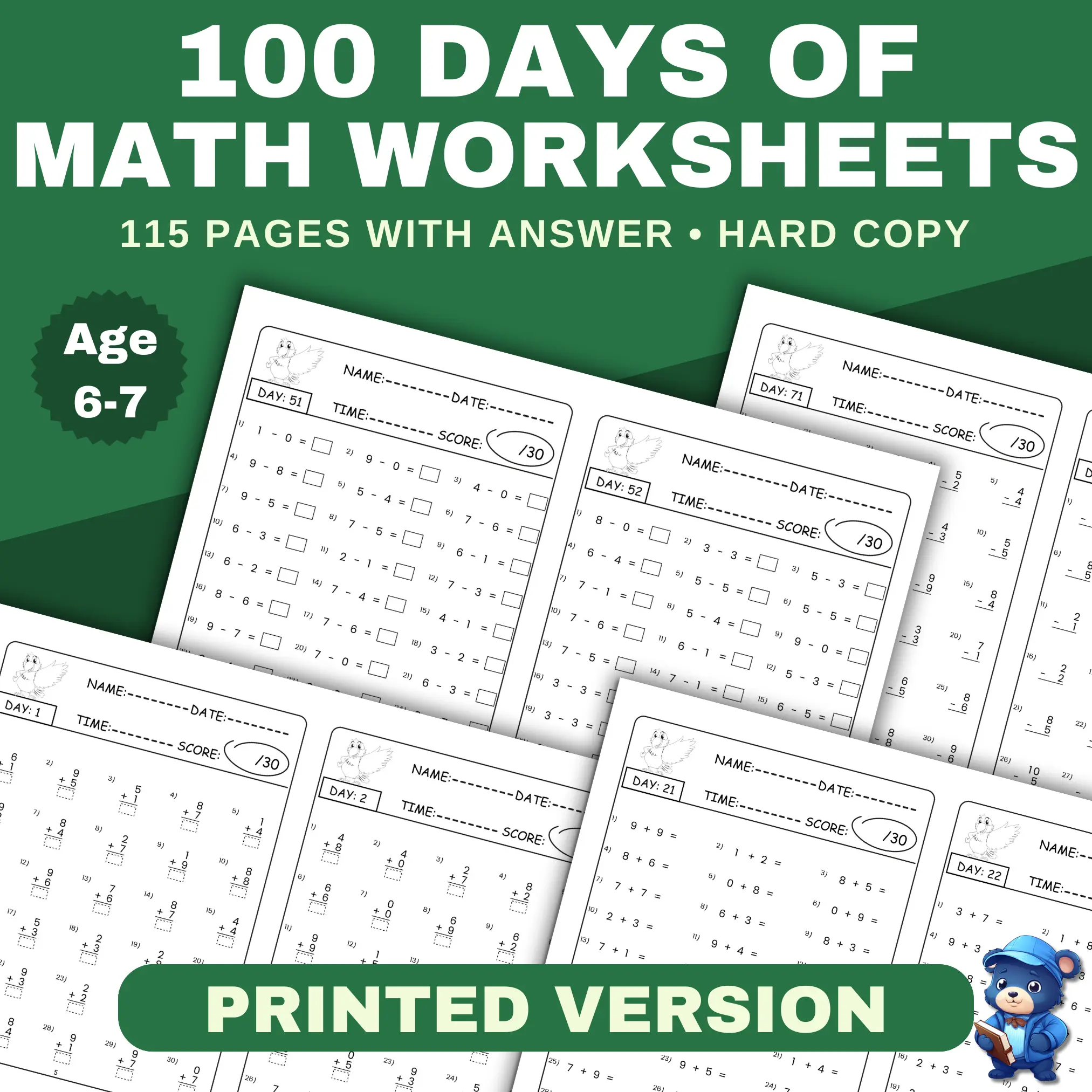 100 Days of Mathematics Worksheets for Kids Aged 6-7 | 100DTTG1 | Buku Latihan Matematik 100 Hari | Buku Matematik