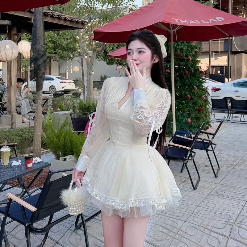  Pk581 Váy Tơ Ren Tay Dài Chân Váy Xoè Bồng  ảnh thật  tôn dáng nữ tính,38-54kg sz S M 