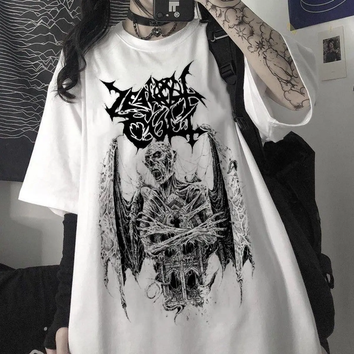 Gothic dark oversize tee punk black graphic clothes kpop harajuku streetwear femme t shirt hip hop