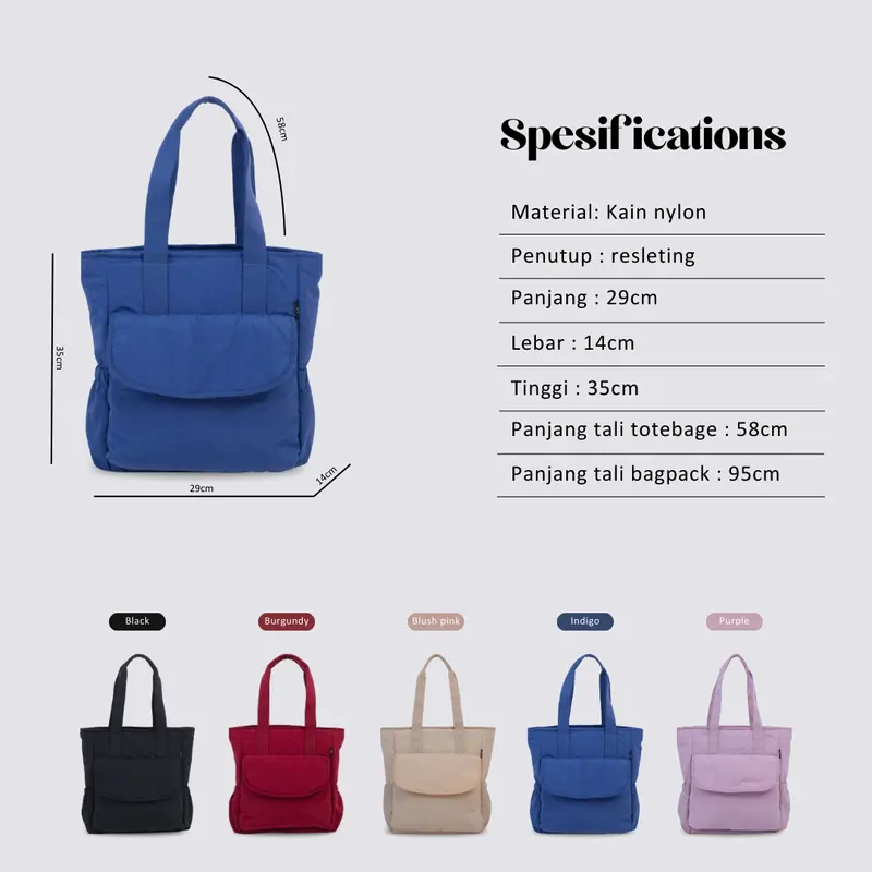 Vibesbags Totepack Vallan Kain Nylon Premium Tote Bag Wanita 16 Inch dengan Resleting 5