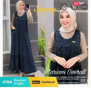 Overall Meriam Jumpsuit Bahan Jeans Premium ld 110 panjang 130 Wanita Muslim