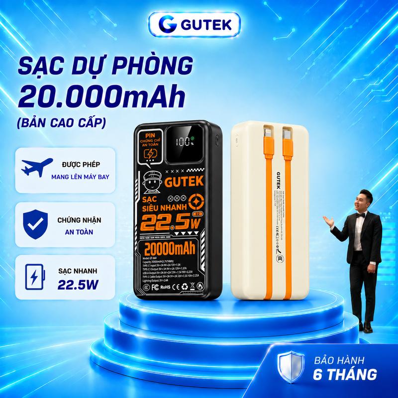 [GUTEK x VINHBANHBO deal 9k] Pin Sạc Dự Phòng 20000mAh Sạc Nhanh 22.5W Kèm 2 Cáp Tiện Lợi - Gutek GT669