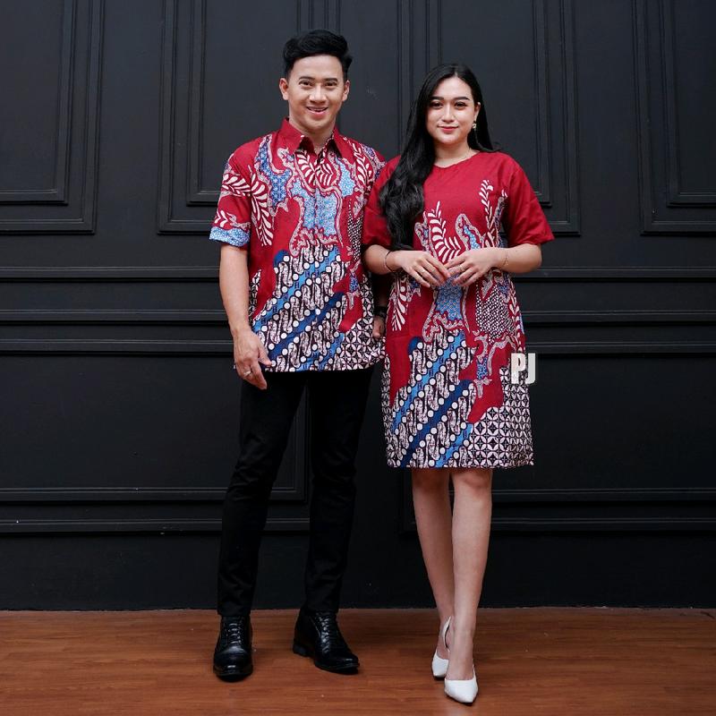 Baju Batik Couple Lengan Pendek Terbaru Motif Kopri Biru Pasangan Dewasa - Wanita Katun Dress Sarimbit 8