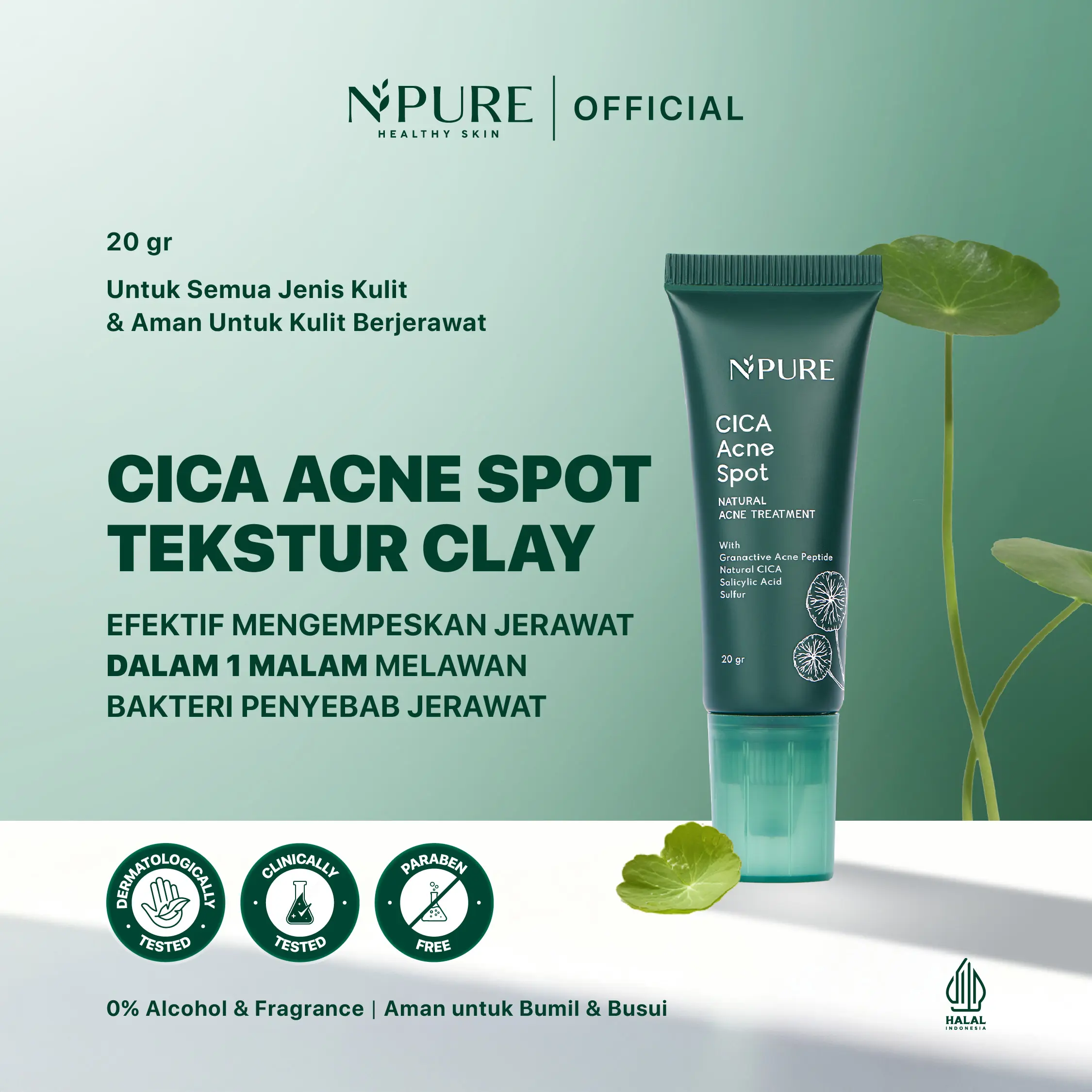 NPURE Cica (Centella) Acne Spot 20 gr - Obat Totol Jerawat / Salicylic Acid / BHA / Clay / Acne Spot / Kulit berjerawat / Acne skin / Niacinamide / Bekas Jerawat / Efektif / Ampuh / Dermatologically / Anti Bakteri / Aman Bumil Busui /HALAL