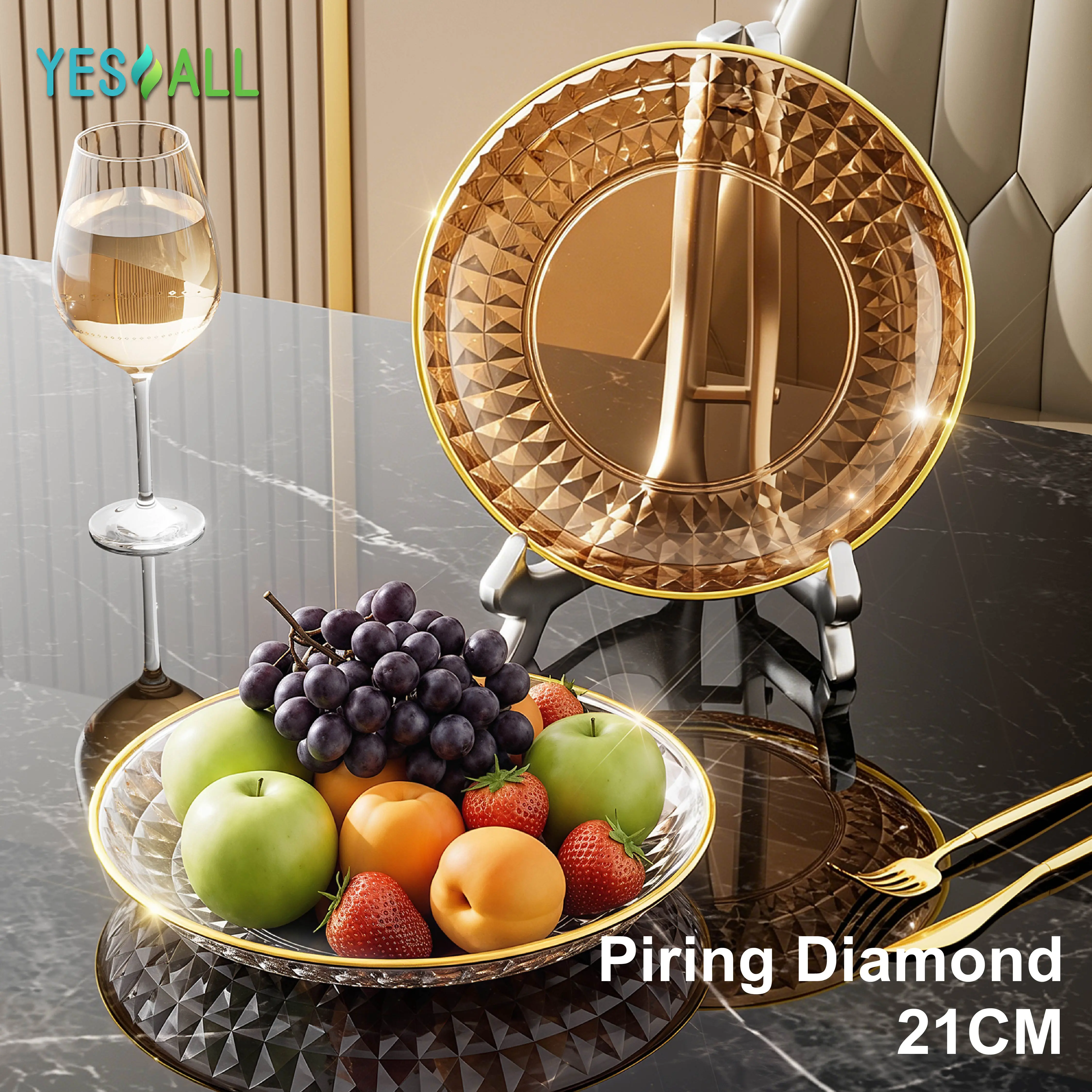 Piring Makan Motif Berlian Bulat 21CM dengan Tepi Emas