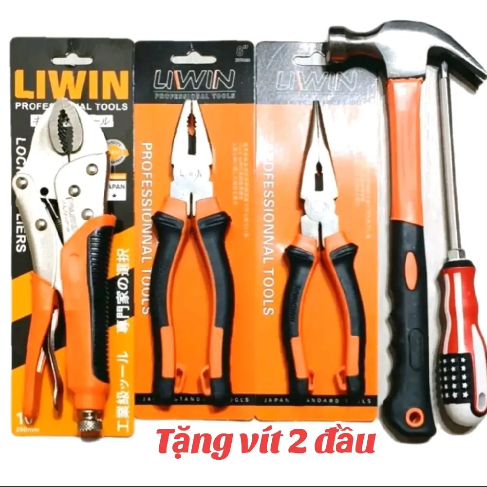 Bộ Combo 5 món liwin kìm bấm 10in, kìm điện và kìm nhọn 8 inch + 1 búa trung cam  8oz (tặng vít 2 đầu)
