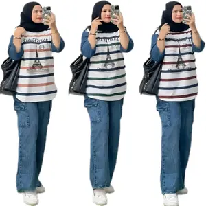 Stelan celana cargo jeans kombinasi kaos salur terbaru Setelan Baju Wanita