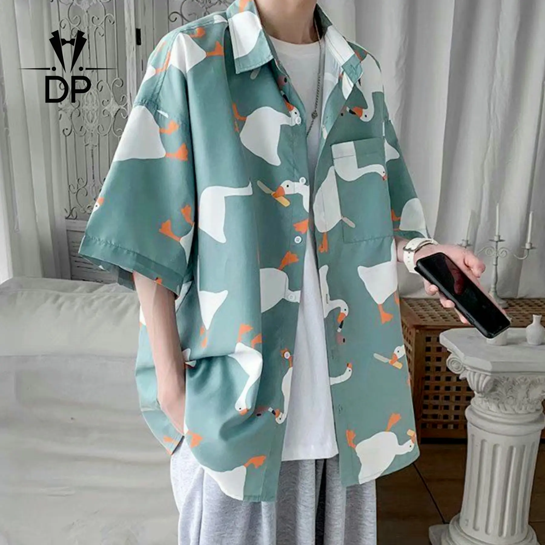 Men Duck Print Short Sleeved Shirt Korean Version Of Fashionable  Unisex Harajuku Style Simple Top Loose Half Sleeved Shirt Men Large Size Shirt Tide Clothes