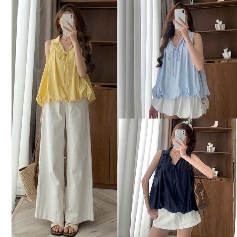 Áo sơ mi nữ A.761, Áo bí 2 lớp sát nách cổ đức buộc nơ dáng bồng basic, dễ phối đồ - Shop Chấm Bi