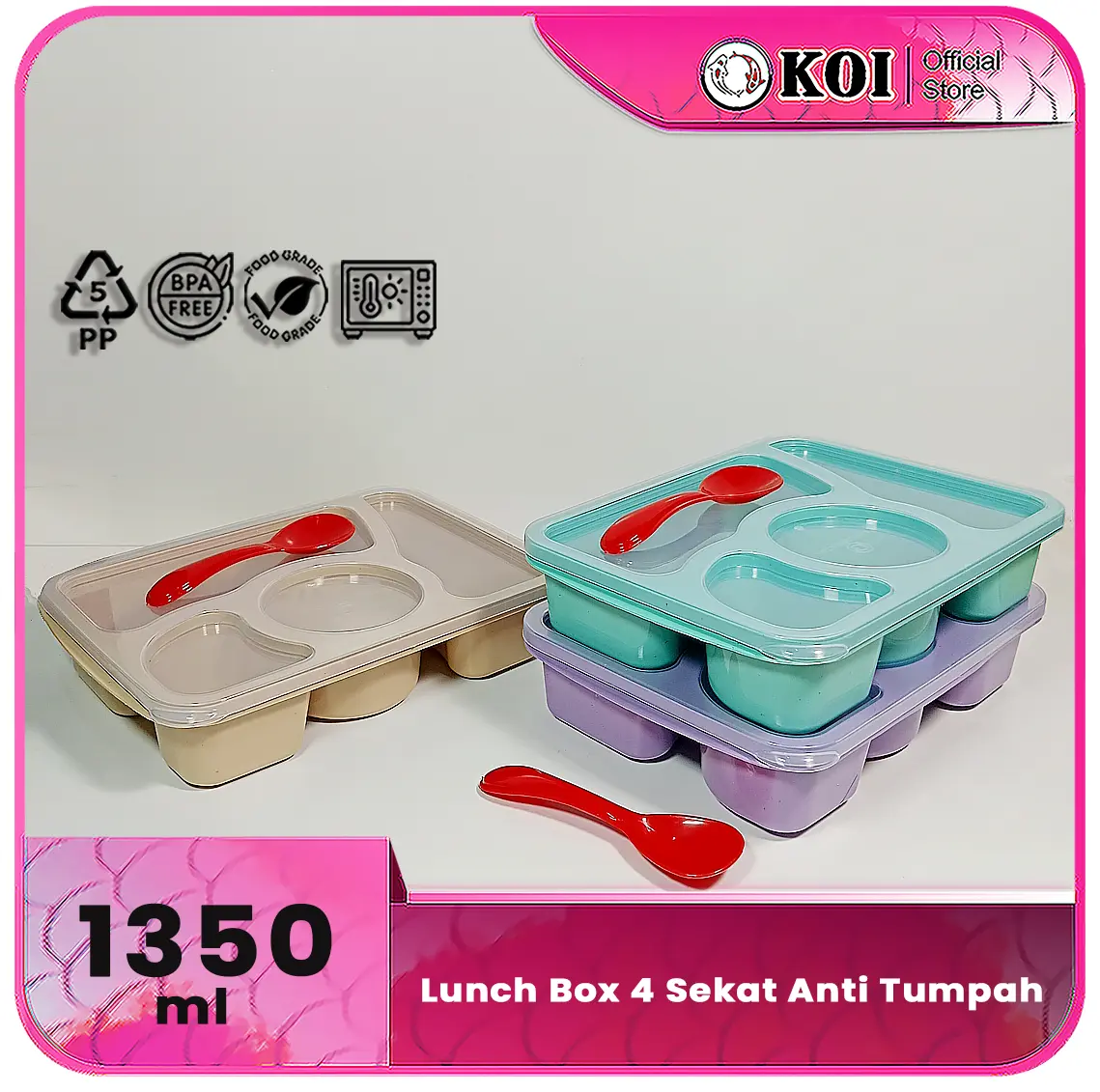 Lunch Box 4 Sekat Anti Tumpah Warna Pastel - Kotak Makan Food Grade Plastik Murah