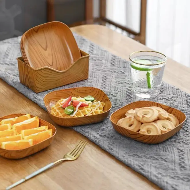 Bộ Đồ Ăn Gia Đình, Đĩa Vuông Có Đế, Thiết Kế Bằng Nhựa Và Gỗ, Đồ Dùng Cần Thiết Hàng Ngày, Đĩa Plato Saucer Platito, In Đồ Ăn Nhẹ Vuông, Thích Hợp Để Bàn Ăn Gia Đình 3