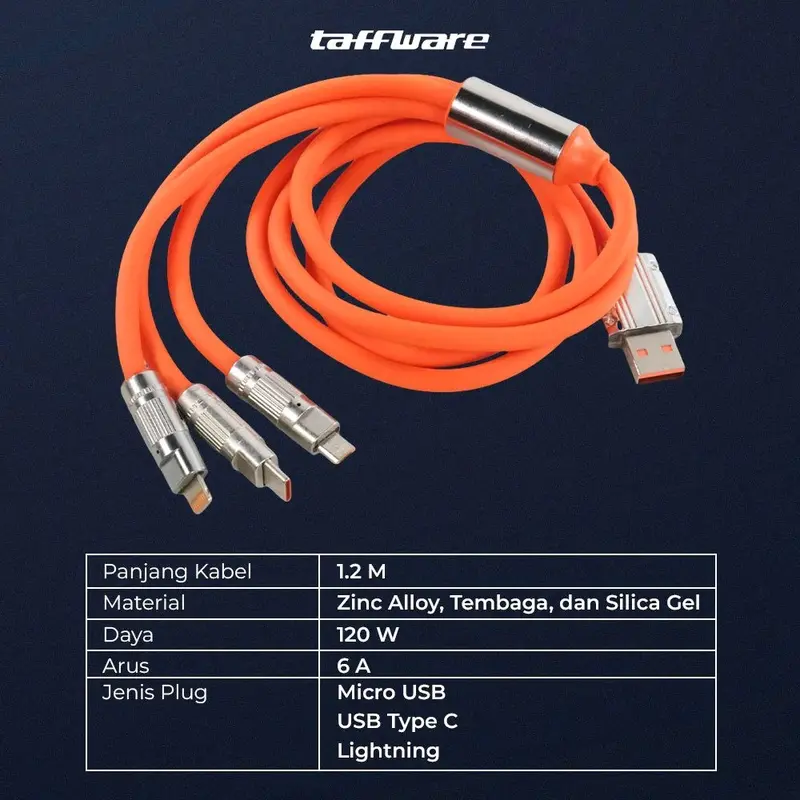 Kabel Cas HP 3in1 120W 6A Fast Charge Cable 3 In 1 For Micro Type-C Lightning Iphone Super Charge USB Zinc Protection Data Kable Charger 3