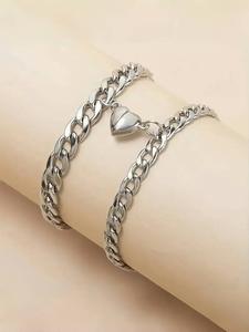 Set de pulseras de pareja en acero inoxidable, diseño simple de amor, joyería de moda para uso diario y regalo de San Valentín, juego de 2 piezas