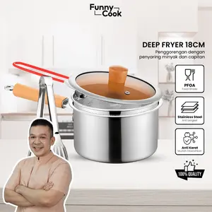 [EXCLUSIVE JORDI ONSU] Funnycook Panci Penggorengan Deep Fryer Besar Ukuran 18cm Stainless Steel Tebal Gratis Tutup Kitchenware