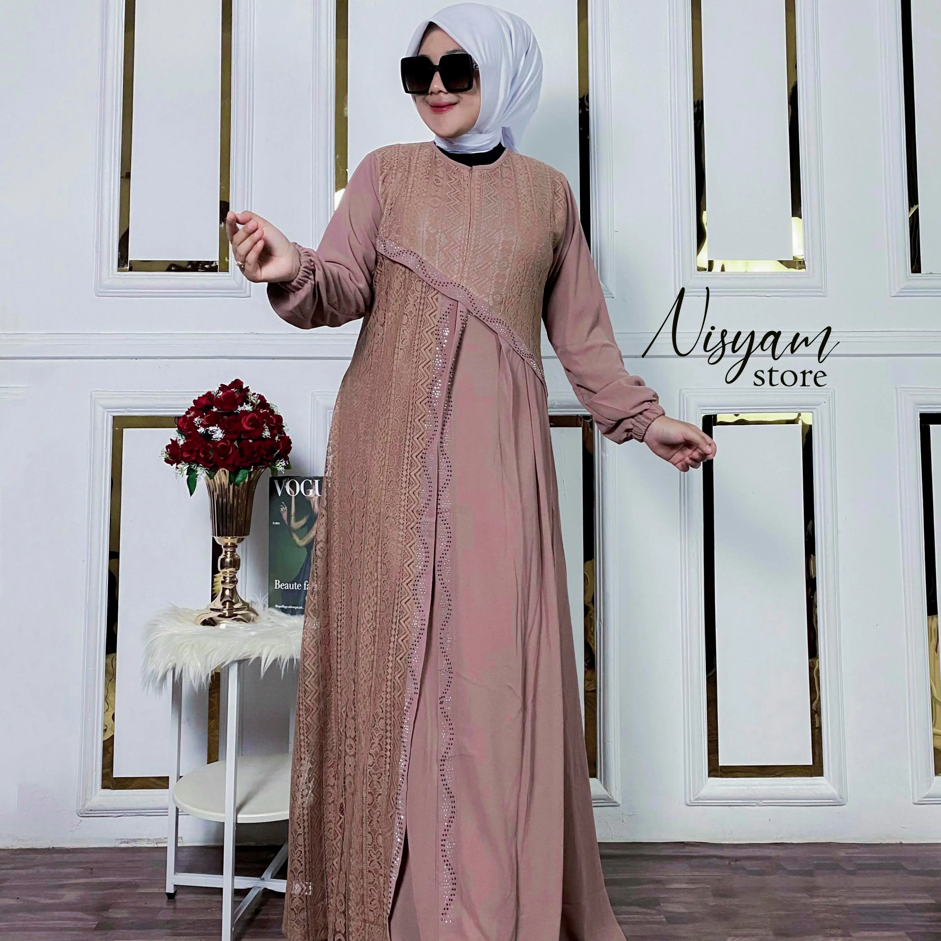 Aluna Dress Ceruty Armani mix Brokat Malika / Gamis Kondangan Dewasa Muslimah  Kombinasi Mutiara Mewah Pesta