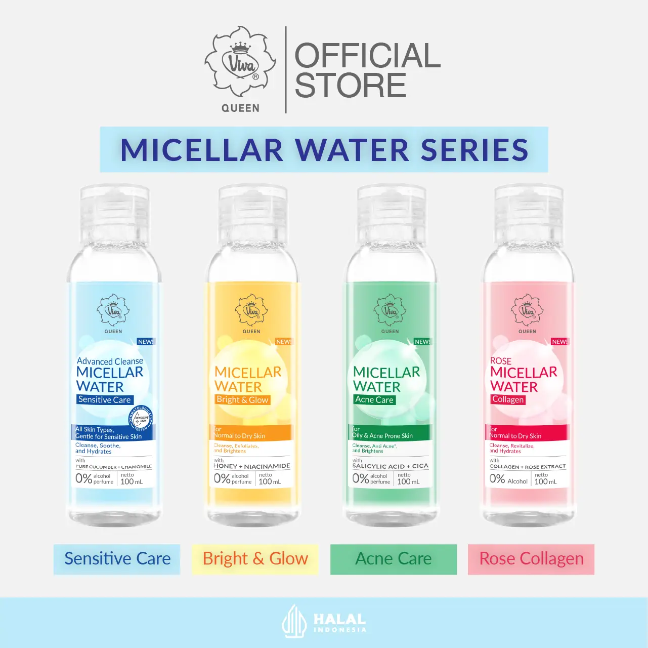 Viva Queen Micellar Water - Pembersih wajah untuk Kulit Berjerawat, Normal Kering, Kusam dan Sensitif
