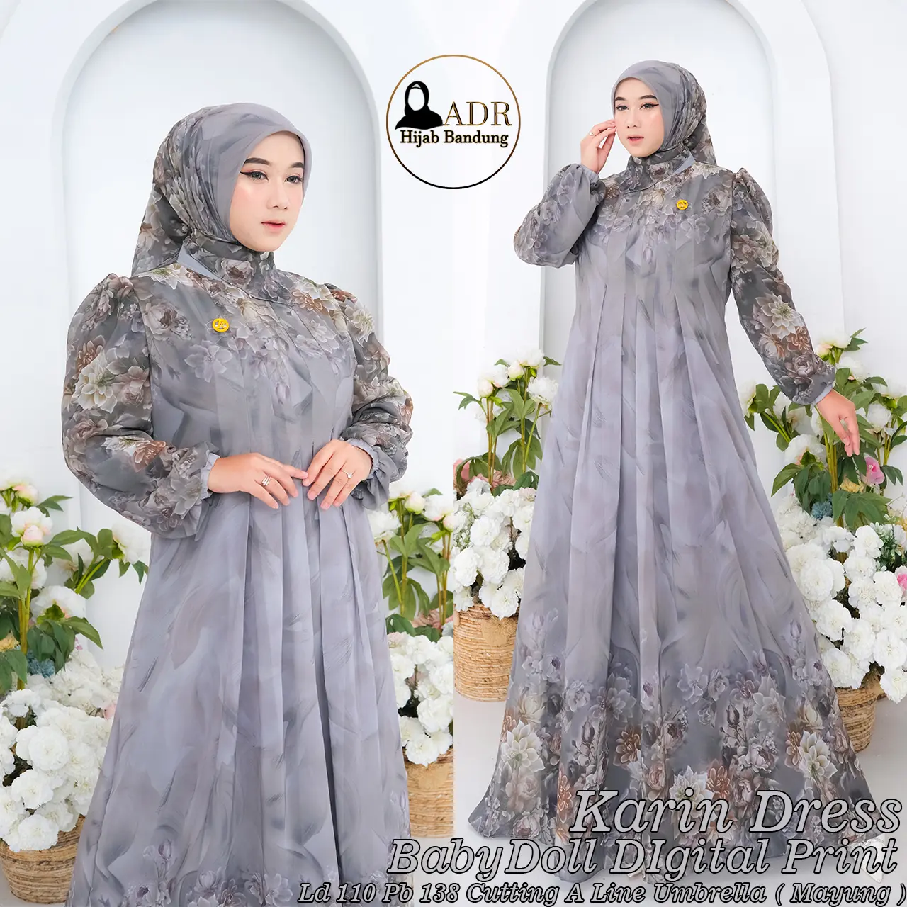 Dress Karin Gamis Babydoll Digital Printing Busui dan Wudhu Friendly Free Hijab & Free Belt