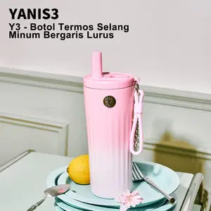 YANIS3 Tumbler Stainless Steel 550ml | Botol Minum Vacuum Flask Tahan Panas & Dingin, Sedotan Lipat, Tumbler Coffee Mug untuk Sekolah & Traveling