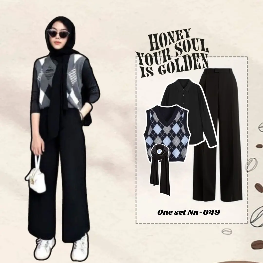 One Set Korean Style Wanita | 3in1 Ootd Terbaru | Outfit Remaja Kekinian Korea Panjang | Setelan Kemeja Vest Celana Kulot Jilbab-Nn049