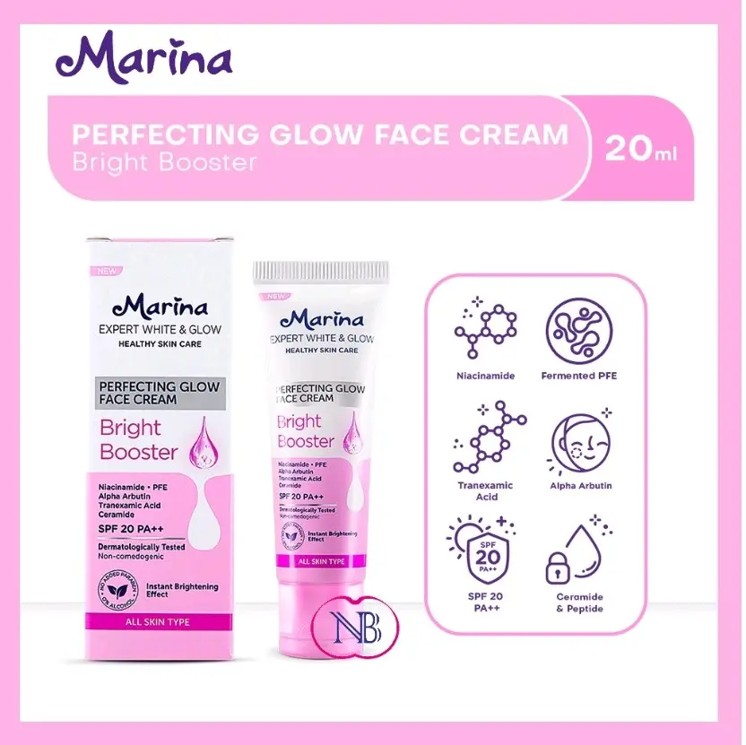 Marina Expert White & Glow PERFECTING GLOW FACE CREAM BRIGHT BOOSTER SPF 20 PA++  20ML|| Mencerahkan