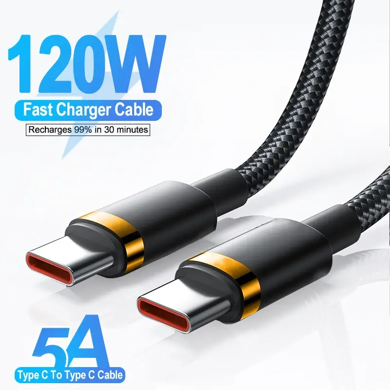 Cáp USB C, 120W, Loại Tốc Độ Cao, Dây Type-C sang USB C, Tương Thích Với iPhone 15, Sạc Nhanh PD, Macbook, Xiaomi, Samsung, One Plus, Cáp Sạc 5A 0