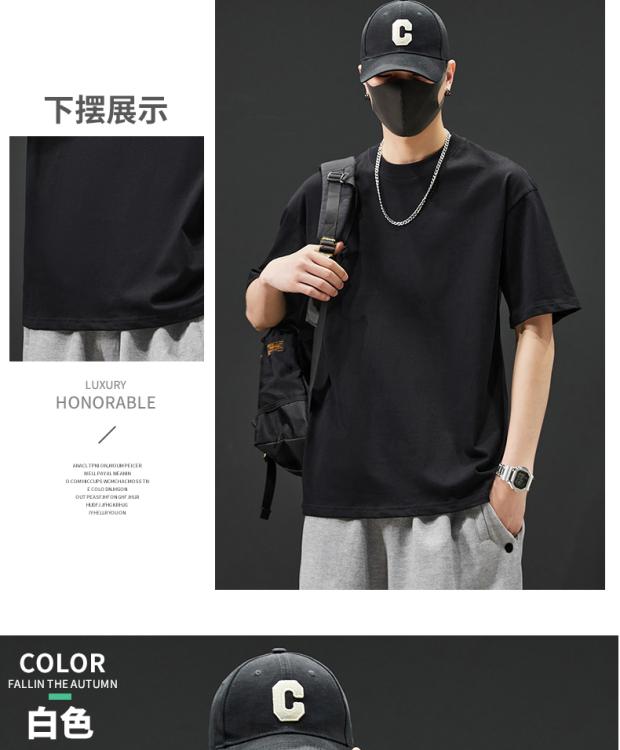 Product Introduction of Short-Sleeved T-shirt Men's Cotton Heavy 160G Double Yarn round Neck Pullover Half Sleeve T-shirt Trendy Men's Top Clothing 16