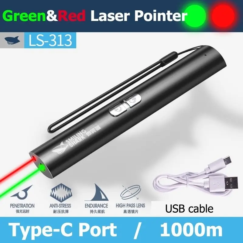 SMILING SHARK LS-313 - GREEN LASER POINTER - LASER 2 CAHAYA GREEN & RED BISA DI CAS USB TYPE-C