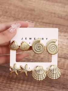 Conjunto de Aretes de Vida Marina, Colgante de Concha Estrella de Mar Estilo Boho para Mujer, Accesorios Casuales de Verano para Uso Diario