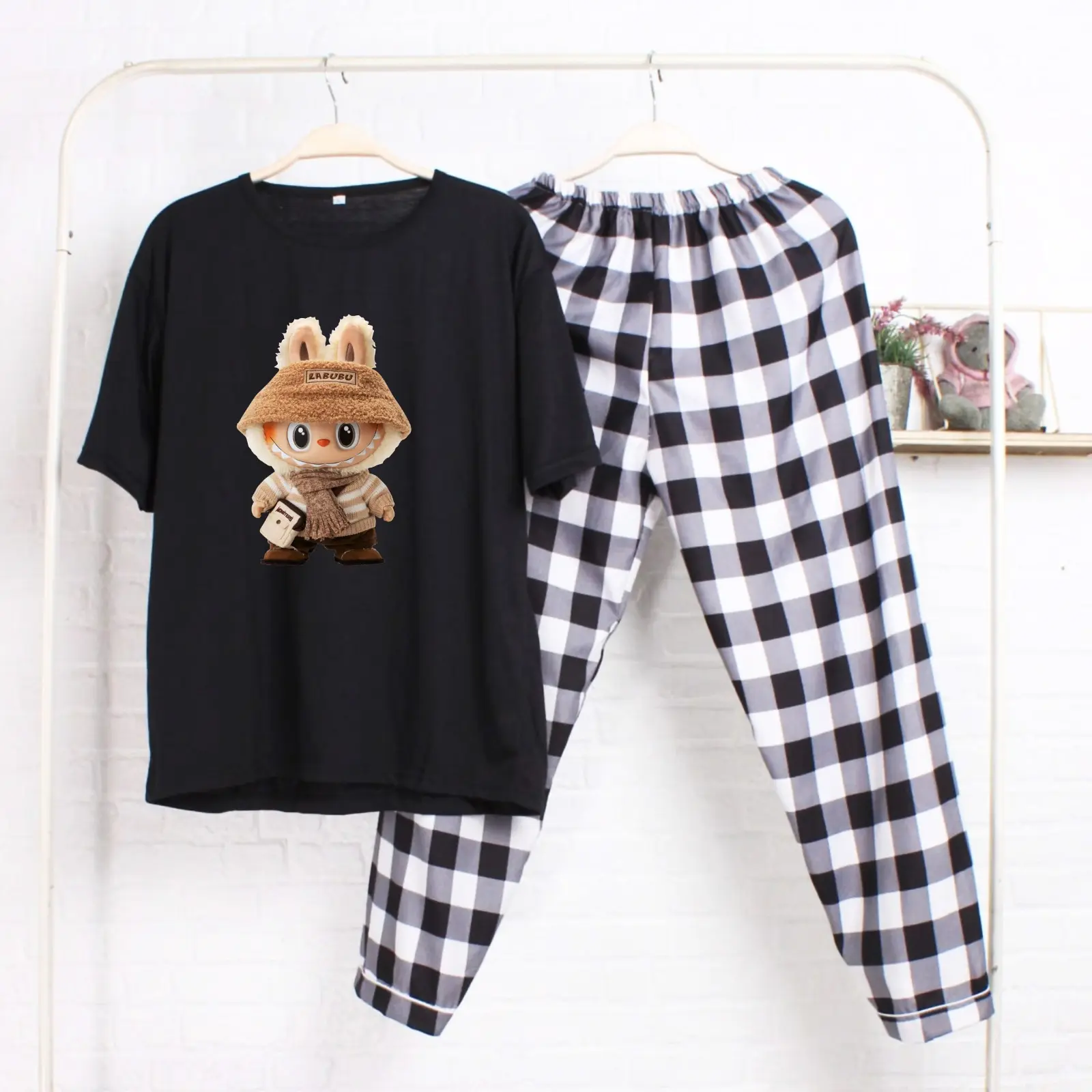 Piyama Baju Tidur Wanita Gambar Labubu Lucu Kekinian Pajamas Cewek Bahan adem Nyaman dan tidak panas