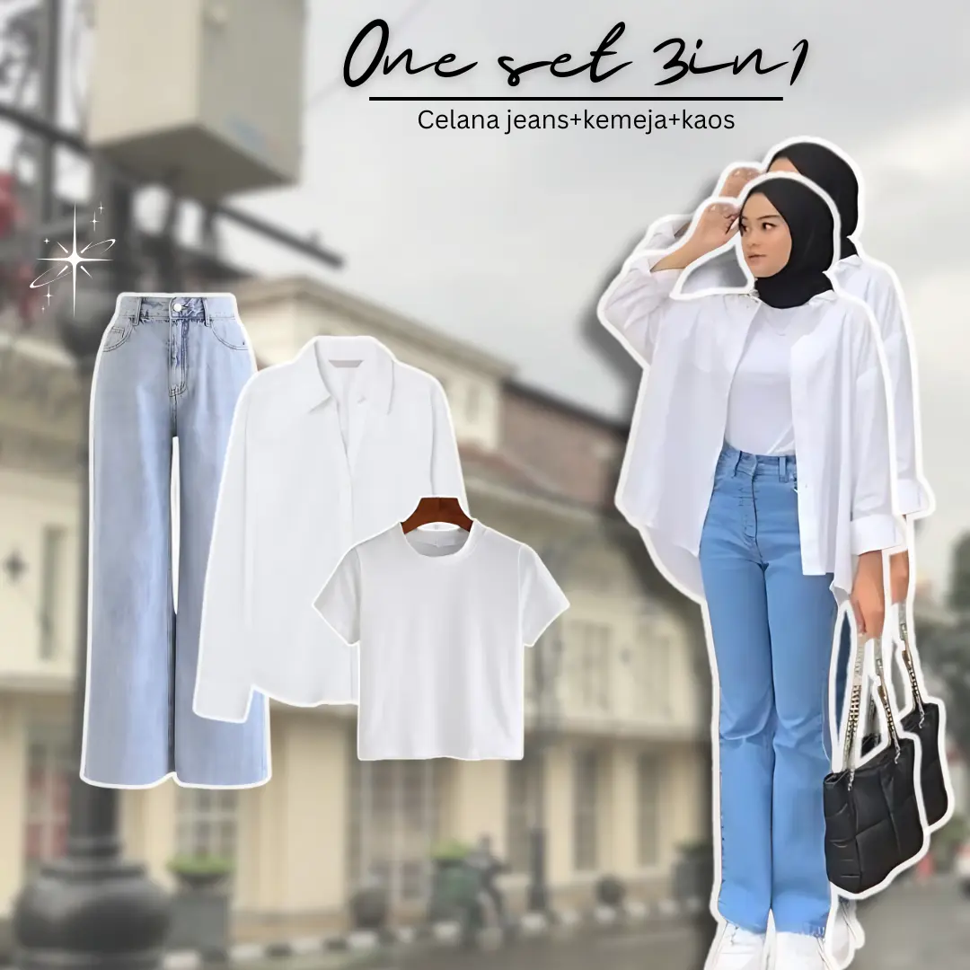 One Set Wanita 3 IN1 Korean Style Kemeja basic, Kaos putih, Celana jeans Outfit Bukber, Kuliah, Kerja, Hangout Kekinian-Set B76