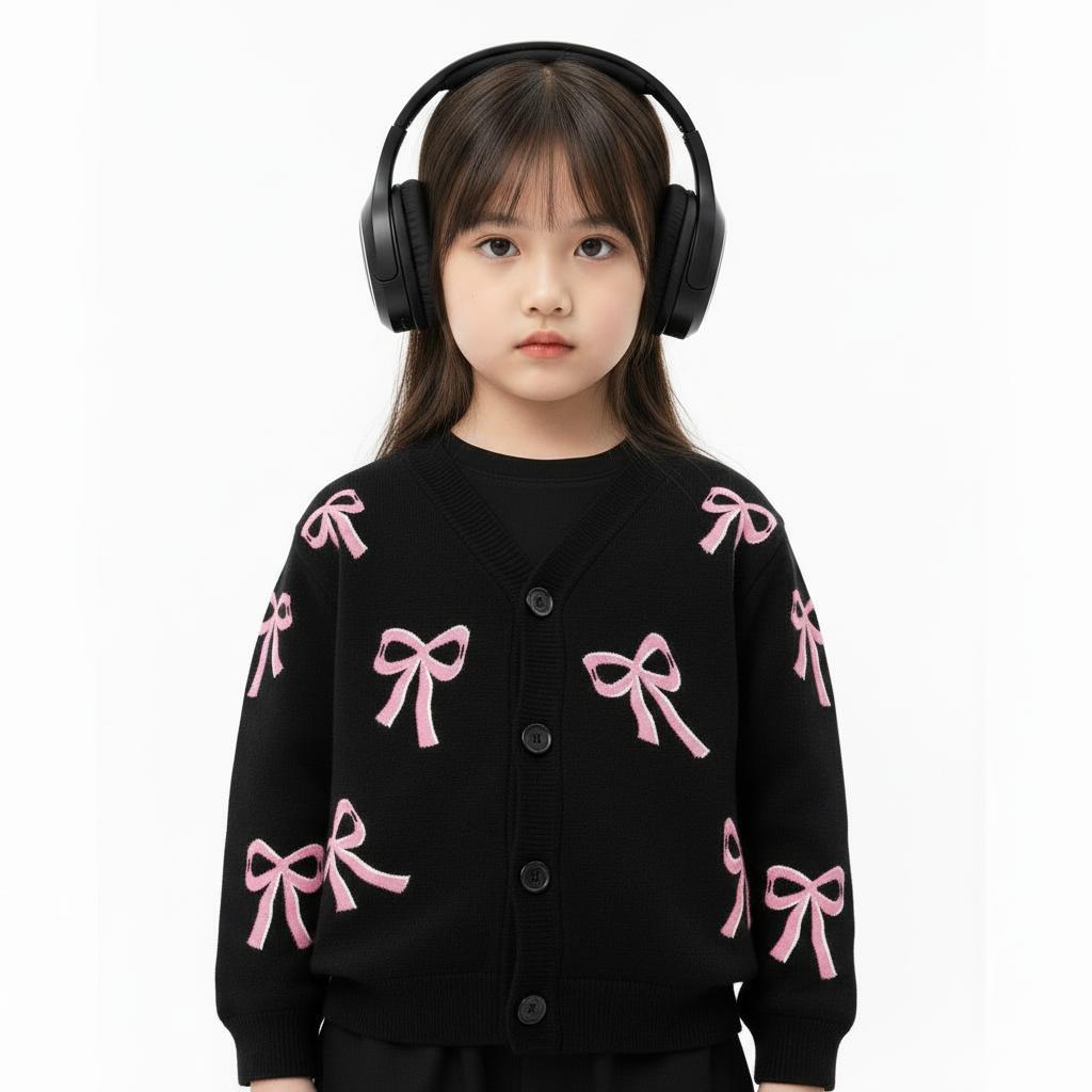 CAIFU Cardigan Pita Hitam Anak Perempuan Cardi Lengan Panjang Atasan Y2K Usia 3-12 Tahun Bahan Lembut Halus Nyaman Adem Variasi Warna Pastel Cantik Fashion