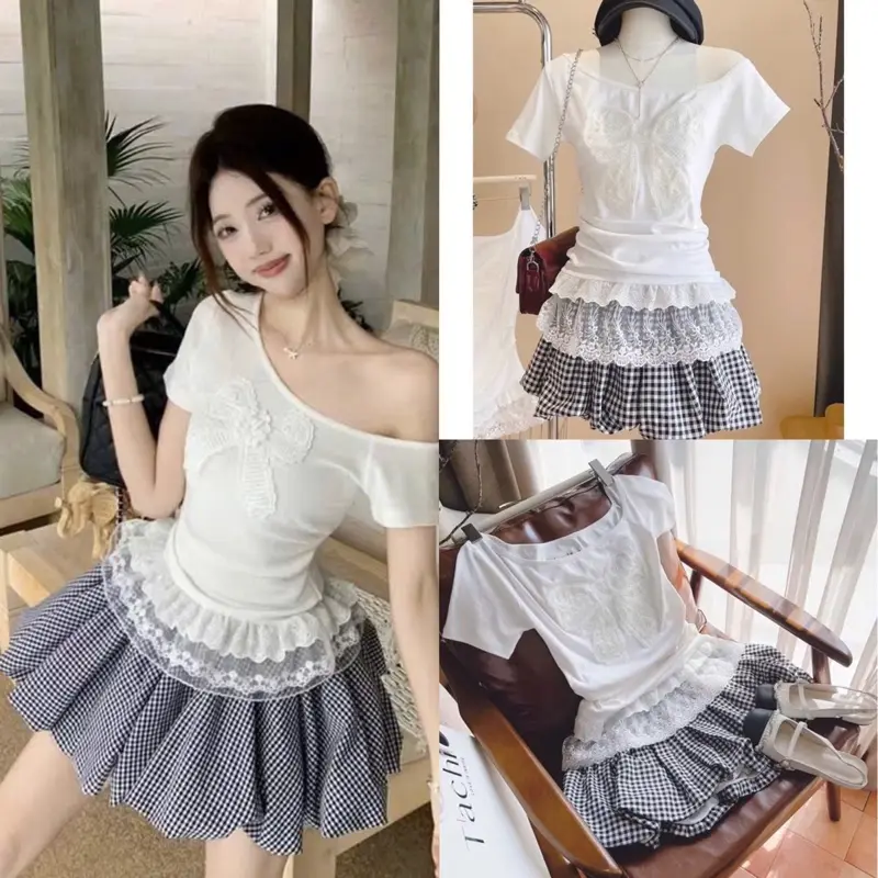 Set áo thun ngắn lệch vai phối bèo ren đính nơ mix cùng chân váy caro bồng bềnh