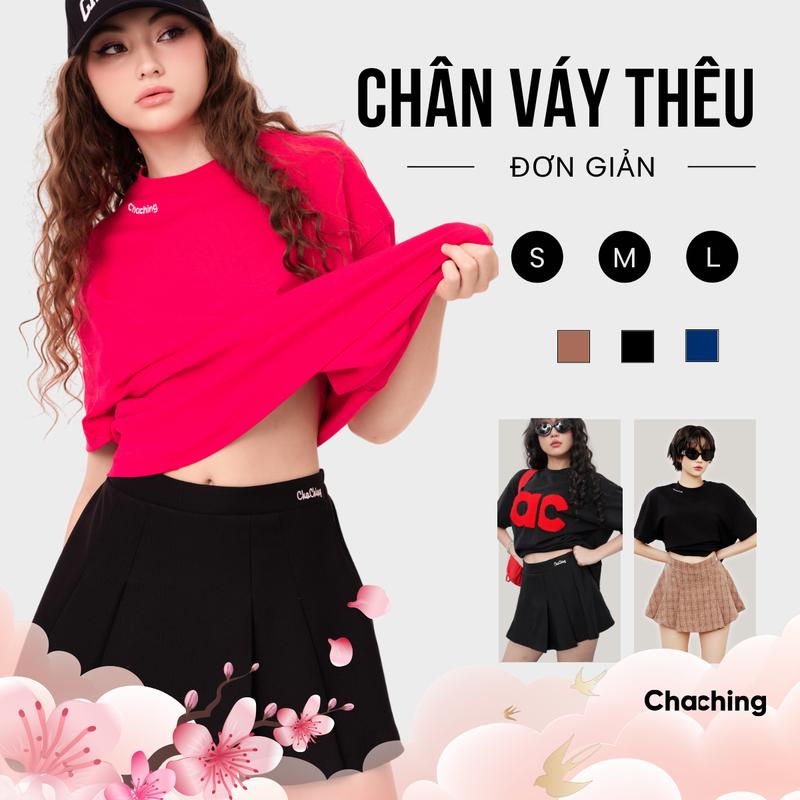  Chân Váy Ngắn Xếp Ly To ChaChing Chân Váy Nữ Xếp Ly Ngắn Dáng Xoè Chất Vải Linen Xước Logo Thêu Nổi Phần Lưng Thun Co Giãn Có Quần Bảo Hộ Bên Trong 