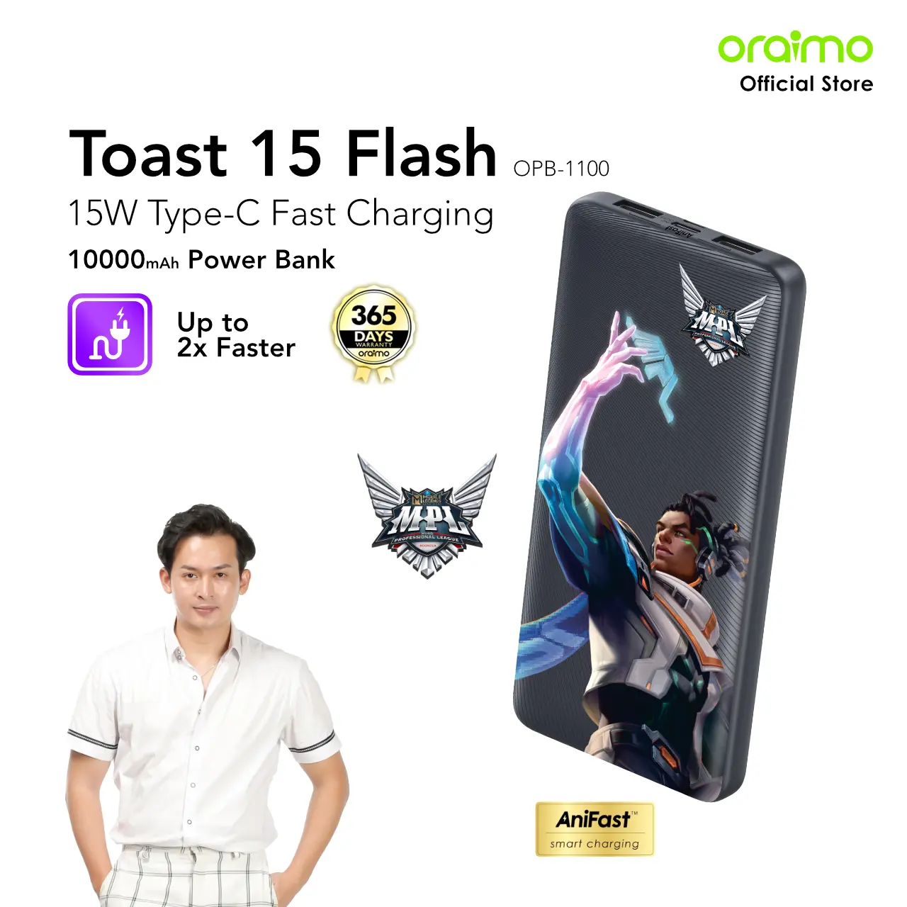 [Exclusive STEVEN STENLYY] oraimo Powerbank x MPL [OPB-1100] Toast 15 Flash Fast Charging Charger Power Bank 10.000mAh Fast Charging Murah Type C
