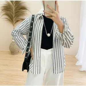 Kemeja Atasan Wanita Motif Salur Garis Lengan Panjang Kekinian Terlaris Bahan Poly Rayon