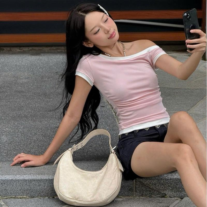 Calem.Club - Áo thun nữ trễ vai Runched Top chất vải mềm nhún eo co giãn fit dáng phong cách Hàn Quốc áo kiểu nữ