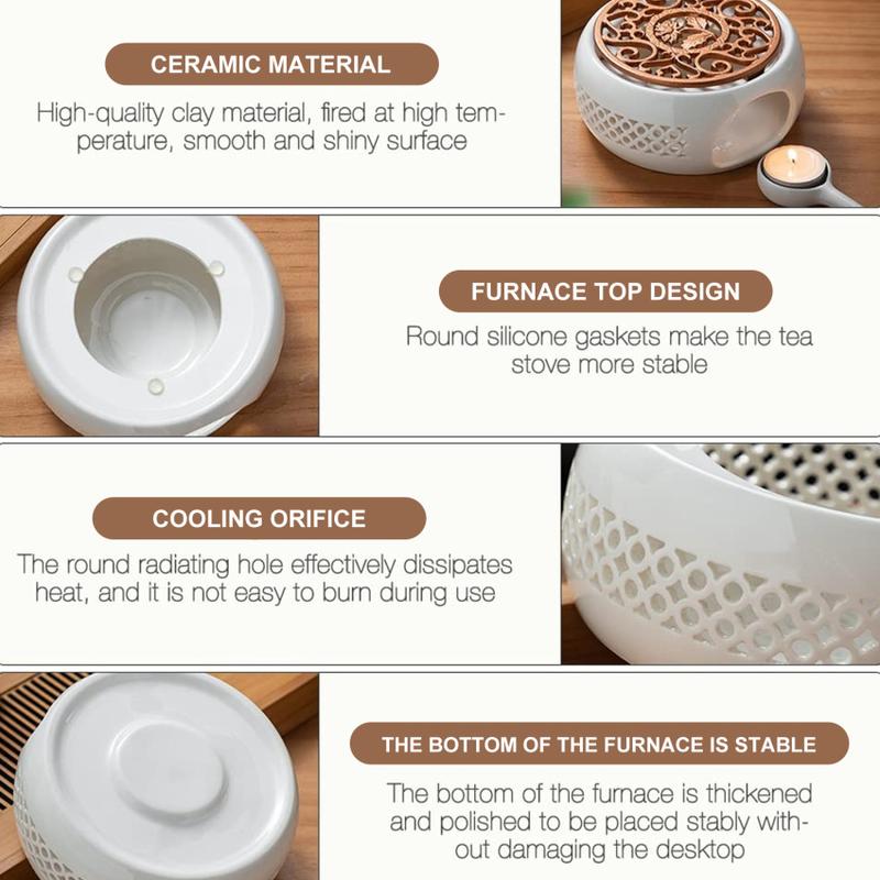 Product Introduction of Teapot Warmer Porcelain Tea Light Heater Tea Light Oven Without Electricity Candles Heating Oven White Teapot Heater Winter Tea Warmer for Home Tea House (with Spoon + Lid) 4