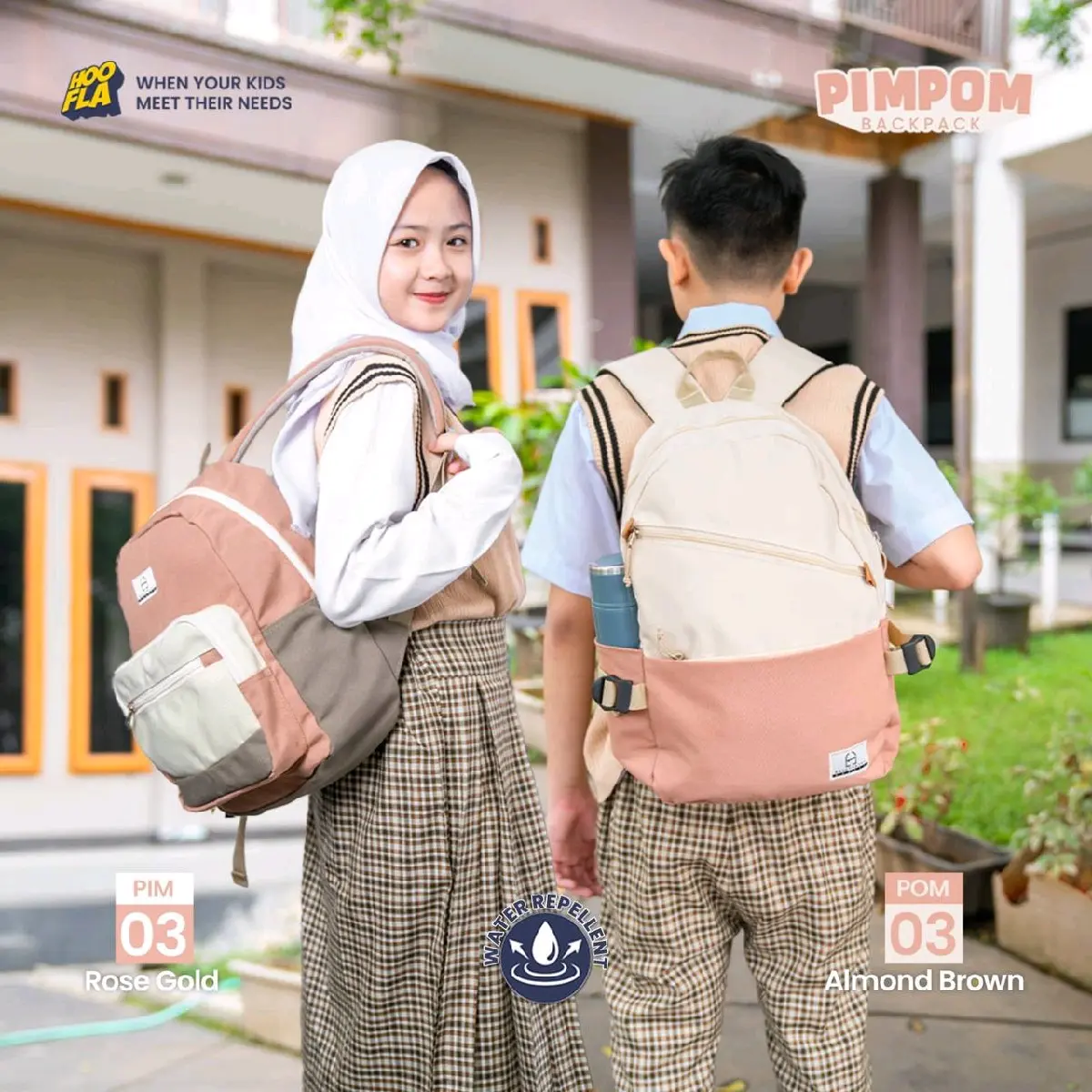 Hooflakids tas sekolah anak best seller tas punggung pimpom backpack bahan canvas premium kapasitas 11L penyimpanan laptop 11" Fashion ransel Perempuan Sd Smp