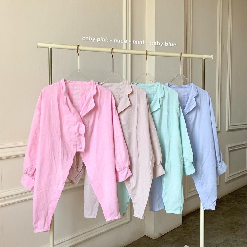 (Posy) Atasan Wanita Plain Hoppy Blouse Bahan Katun Denim Kemeja Polos Wanita Kancing 1